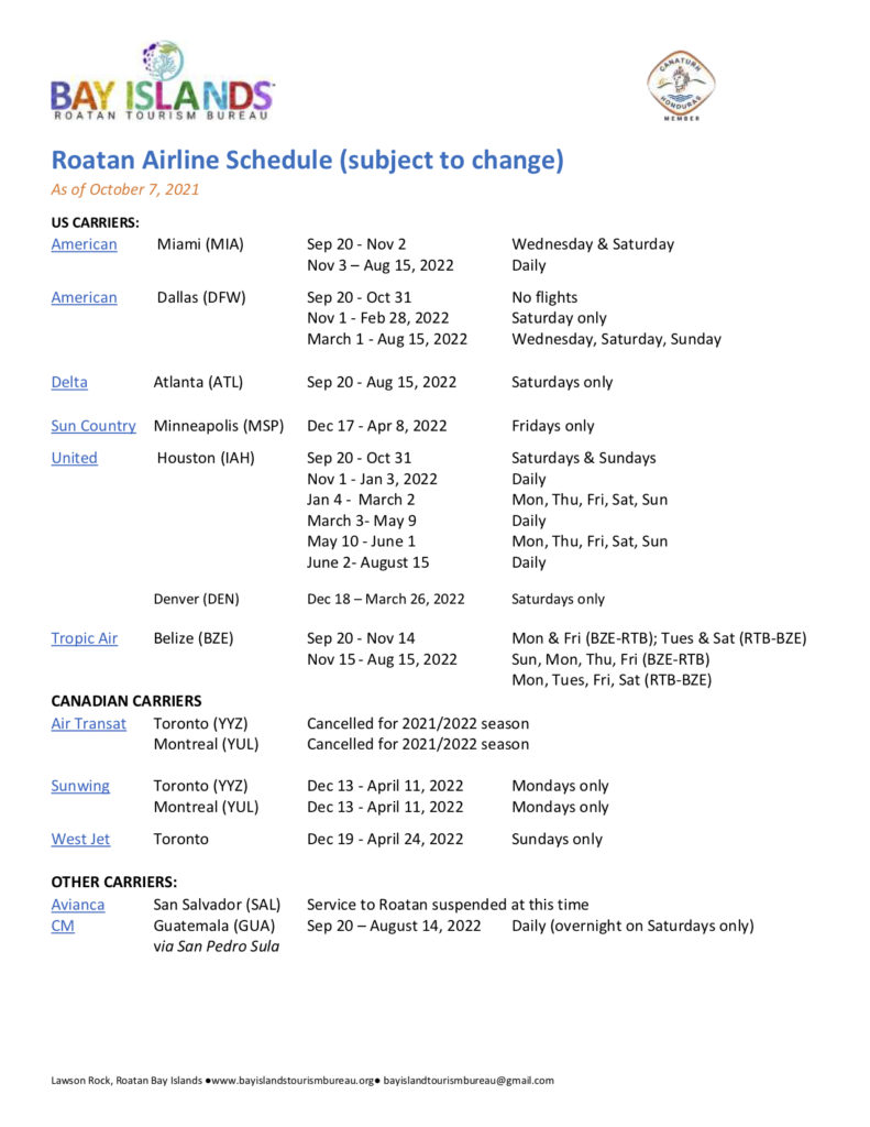 updated flight schedule from Canada to roatan